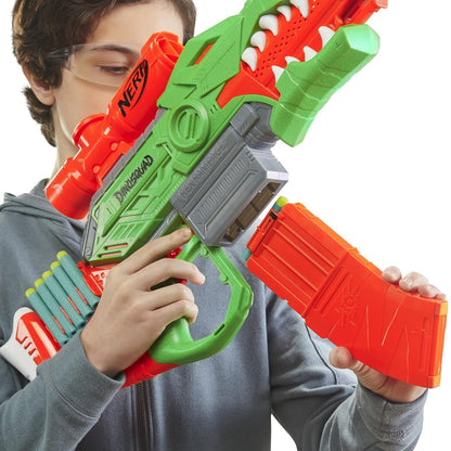 Nerf DinoSquad Rex-Rampage Motorized Dart Blaster, 10-Dart Clip, 20 Official Darts, 10-Dart Storage- T-Rex Dinosaur Design - Multicolor