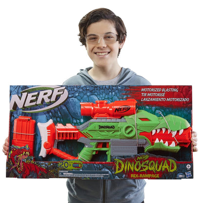 Nerf DinoSquad Rex-Rampage Motorized Dart Blaster, 10-Dart Clip, 20 Official Darts, 10-Dart Storage- T-Rex Dinosaur Design - Multicolor