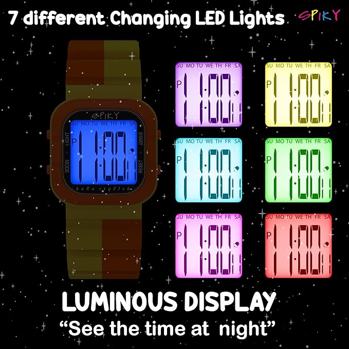 SPIKY Mult-Functional Digital Watch for Kids | 7 Multicolor Luminous Display, Week Calendar, Seconds| 30M Water Resistant | Unbreakable TPU Strap | Best Birthday Gift for Kids Boys and Girls