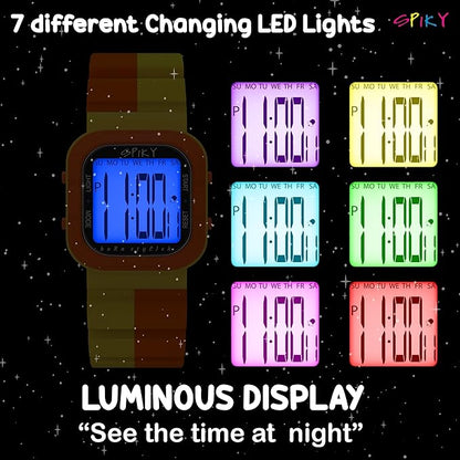 SPIKY Mult-Functional Digital Watch for Kids | 7 Multicolor Luminous Display, Week Calendar, Seconds| 30M Water Resistant | Unbreakable TPU Strap | Best Birthday Gift for Kids Boys and Girls