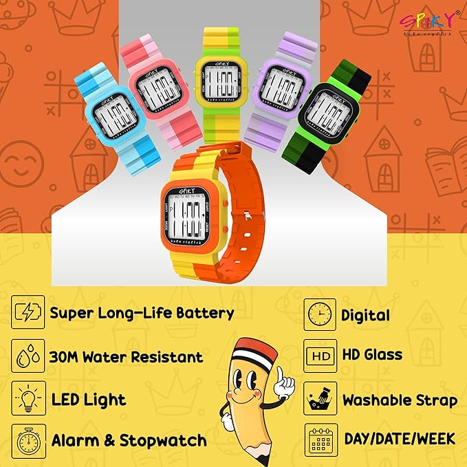 SPIKY Mult-Functional Digital Watch for Kids | 7 Multicolor Luminous Display, Week Calendar, Seconds| 30M Water Resistant | Unbreakable TPU Strap | Best Birthday Gift for Kids Boys and Girls