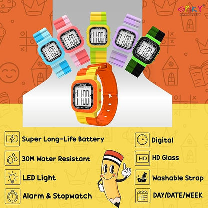 SPIKY Mult-Functional Digital Watch for Kids | 7 Multicolor Luminous Display, Week Calendar, Seconds| 30M Water Resistant | Unbreakable TPU Strap | Best Birthday Gift for Kids Boys and Girls