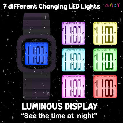 SPIKY Mult-Functional Digital Watch for Kids | 7 Multicolor Luminous Display, Week Calendar, Seconds| 30M Water Resistant | Unbreakable TPU Strap | Best Birthday Gift for Kids Boys and Girls