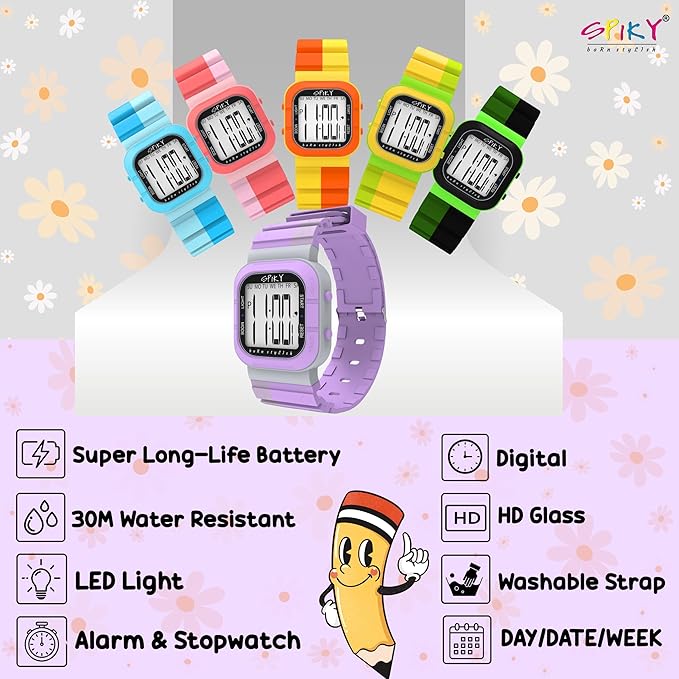 SPIKY Mult-Functional Digital Watch for Kids | 7 Multicolor Luminous Display, Week Calendar, Seconds| 30M Water Resistant | Unbreakable TPU Strap | Best Birthday Gift for Kids Boys and Girls