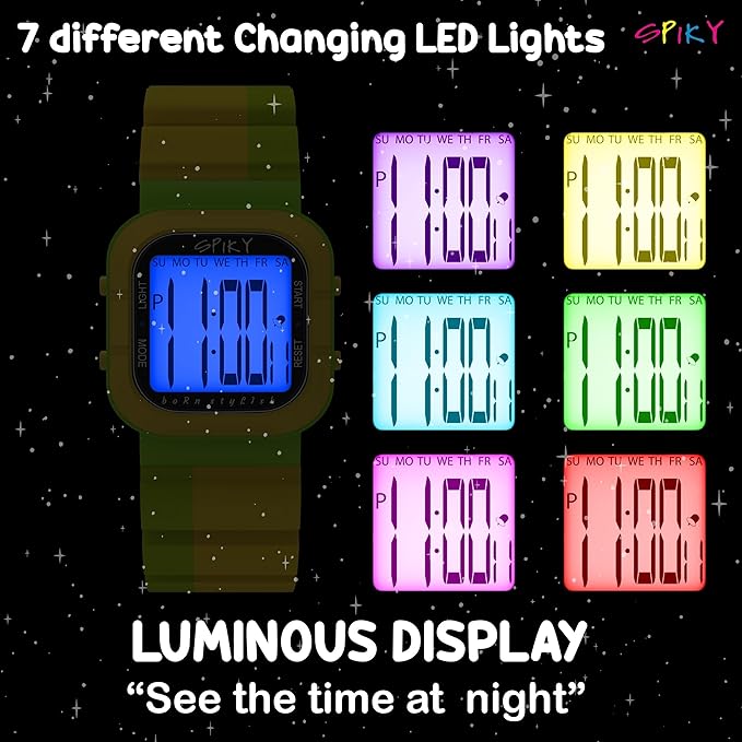 SPIKY Mult-Functional Digital Watch for Kids | 7 Multicolor Luminous Display, Week Calendar, Seconds| 30M Water Resistant | Unbreakable TPU Strap | Best Birthday Gift for Kids Boys and Girls