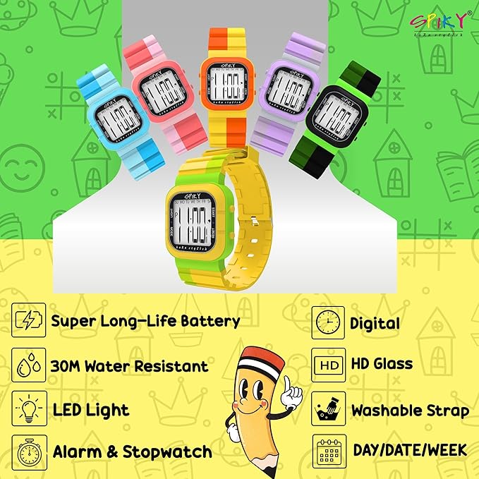 SPIKY Mult-Functional Digital Watch for Kids | 7 Multicolor Luminous Display, Week Calendar, Seconds| 30M Water Resistant | Unbreakable TPU Strap | Best Birthday Gift for Kids Boys and Girls
