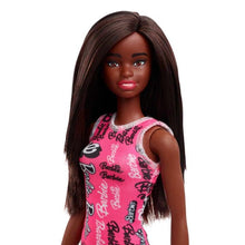 Barbie Fashion Doll with Straight Black Hair Wearing Removable Pink Tank Dress with Logo Print & Shoes