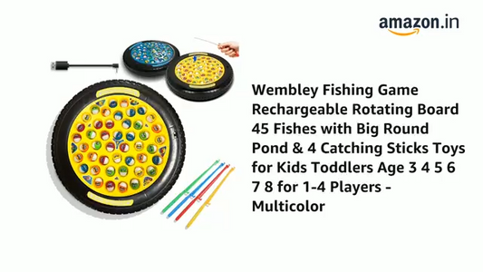Wembley Fishing Game Rechargeable Rotating Board 45 Fishes with Big Round Pond & 4 Catching Sticks Toys for Kids Toddlers Age 3 4 5 6 7 8 for 1-4 Players - Multicolor