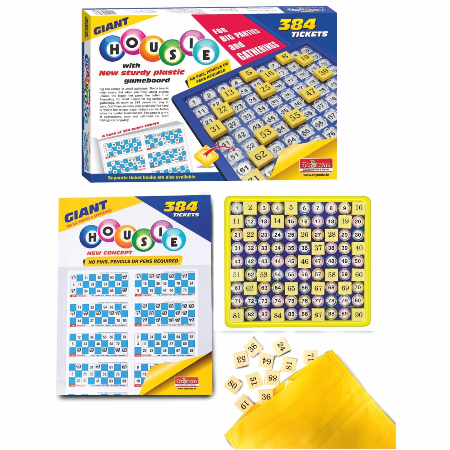 toymate Giant Housie Tambola Bingo Game Set | 384 Tickets & Sturdy Plastic Gameboard | No Pins or Pens Required | Family Party Game for Large Groups, Events, Kitty Parties & Gatherings