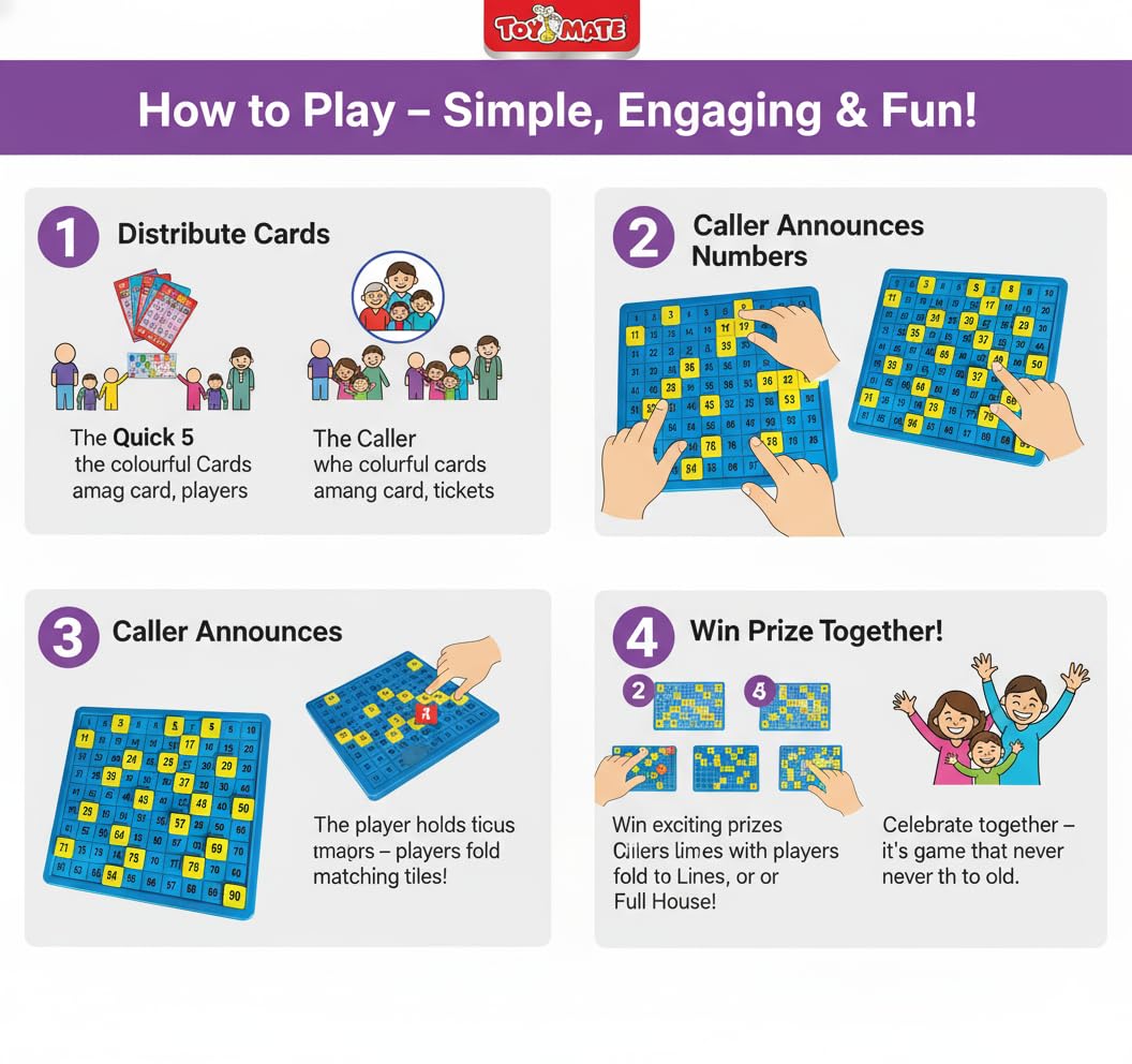 toymate Premium Housie Game – The Big Party Entertainment | 72 Reusable Colourful Cards, 13x12 Inch Plastic Play Board, 30mm Big Tiles | No Pins or Pencils Needed | Family Fun Tambola Game