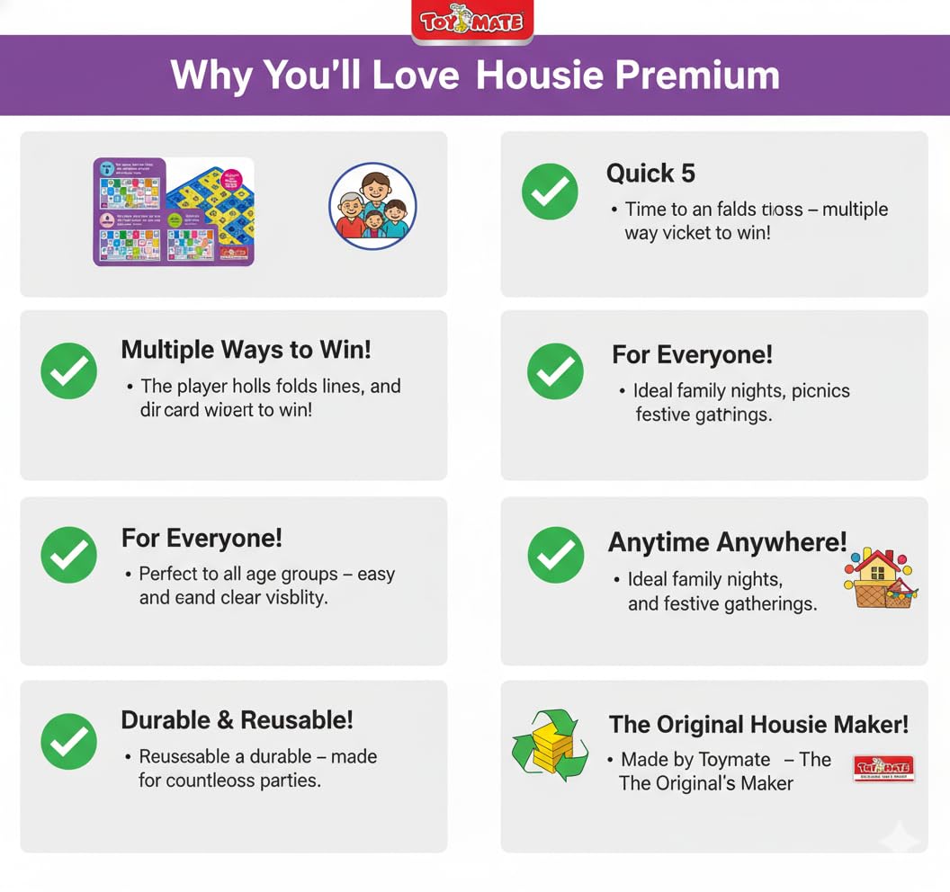 toymate Premium Housie Game – The Big Party Entertainment | 72 Reusable Colourful Cards, 13x12 Inch Plastic Play Board, 30mm Big Tiles | No Pins or Pencils Needed | Family Fun Tambola Game