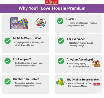 toymate Premium Housie Game – The Big Party Entertainment | 72 Reusable Colourful Cards, 13x12 Inch Plastic Play Board, 30mm Big Tiles | No Pins or Pencils Needed | Family Fun Tambola Game