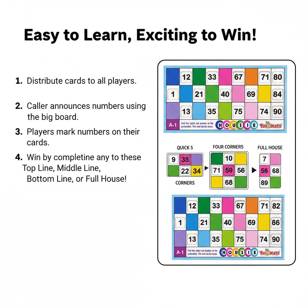 toymate Premium Housie Game – The Big Party Entertainment | 72 Reusable Colourful Cards, 13x12 Inch Plastic Play Board, 30mm Big Tiles | No Pins or Pencils Needed | Family Fun Tambola Game