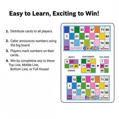 toymate Premium Housie Game – The Big Party Entertainment | 72 Reusable Colourful Cards, 13x12 Inch Plastic Play Board, 30mm Big Tiles | No Pins or Pencils Needed | Family Fun Tambola Game