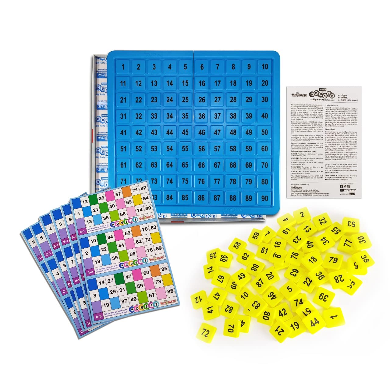 toymate Premium Housie Game – The Big Party Entertainment | 72 Reusable Colourful Cards, 13x12 Inch Plastic Play Board, 30mm Big Tiles | No Pins or Pencils Needed | Family Fun Tambola Game