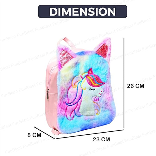 FunBlast Unicorn Fur Bag for Girls, Small Backpack for Picnic Outdoor Travel Bags for Girls, Korean Bag for Girls, Stylish and Fancy Bag, Travel Bag (26 X 23 X 8 CM) (Random Color)