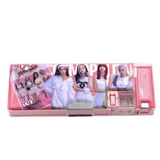 Prezzie Villa Pack of 1 Kpop Magnetic Pencil Box Geometry Two Side Open Pencil Holder for Kids (Black Pink)