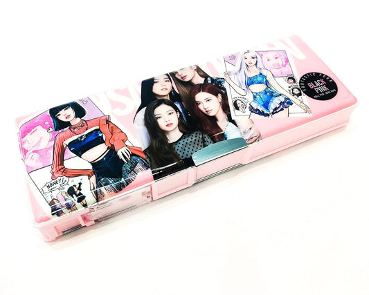 Prezzie Villa Pack of 1 Kpop Magnetic Pencil Box Geometry Two Side Open Pencil Holder for Kids (Black Pink)