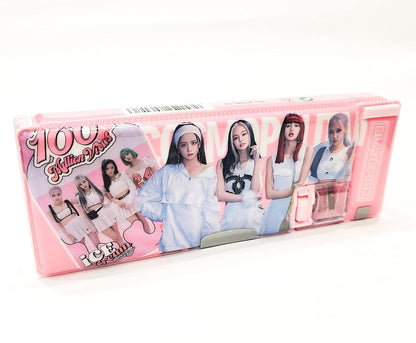 Prezzie Villa Pack of 1 Kpop Magnetic Pencil Box Geometry Two Side Open Pencil Holder for Kids (Black Pink)