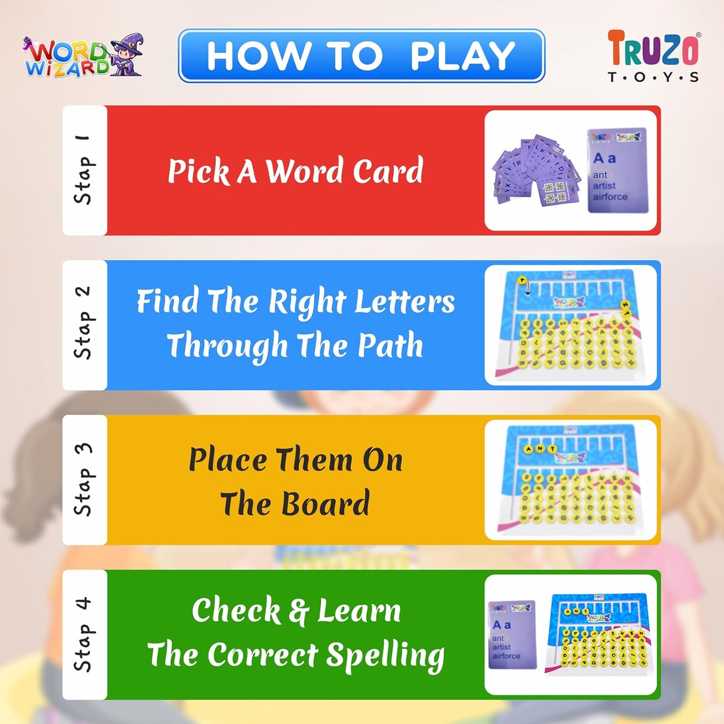 Truzo Word Wizard Spelling Board Game for Kids 26 Cards, 100+ Challenges