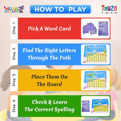 Truzo Word Wizard Spelling Board Game for Kids 26 Cards, 100+ Challenges