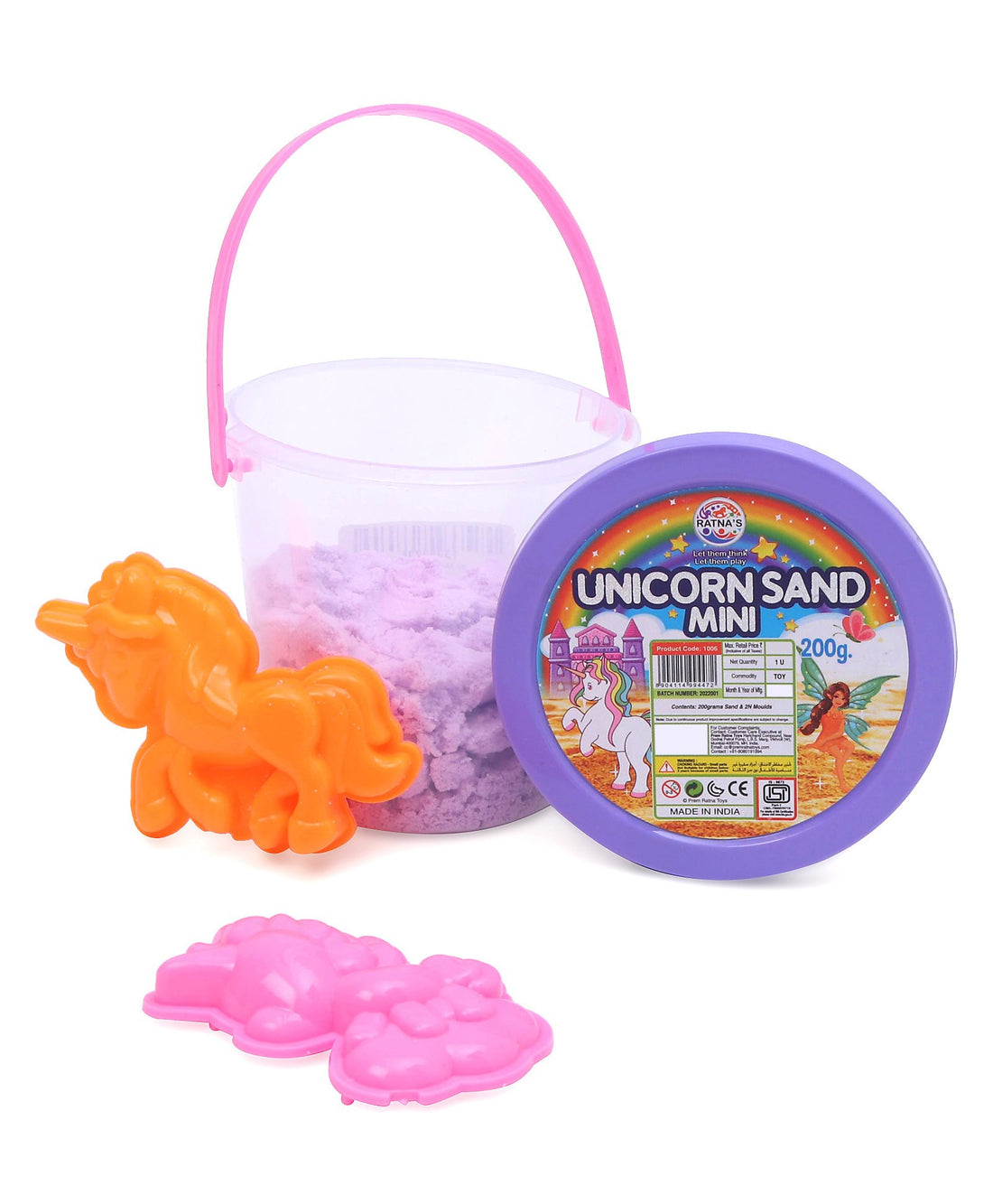 Ratna's Unicorn Kinetic Sand Mini Bucket with Moulds – 200g