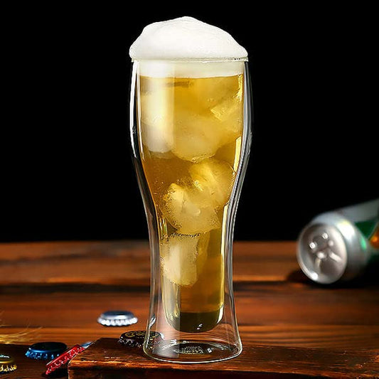 VISMII Beer Glasses, Clear Double Wall Insulated Pub Mug, Upside Down Design, Holds One Full Beer Bottle, Freezable Glass for Beer Lovers, 420 ml Capacity, Set of 2 (Clear)