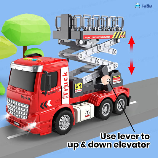 FunBlast Elevator Crane Toy for Kids – Friction Powered Construction Crane Toy with Light & Sound, Up & Down Elevator Lift Function, Heavy Vehicle Toys for Boys & Girls Age 3+ Years (Red)
