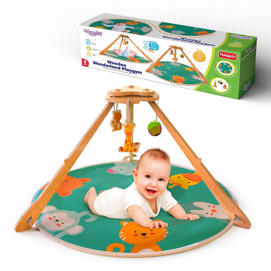 Giggles Funskool Wooden Wonderland Playgym, Animal Printed Soft & Comfy Activity Mat for Tummy Time, Fun & Development Toy for Babies, Multicolor, Gift Set for Kids, Age 2+ Months