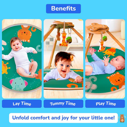 Giggles Funskool Wooden Wonderland Playgym, Animal Printed Soft & Comfy Activity Mat for Tummy Time, Fun & Development Toy for Babies, Multicolor, Gift Set for Kids, Age 2+ Months