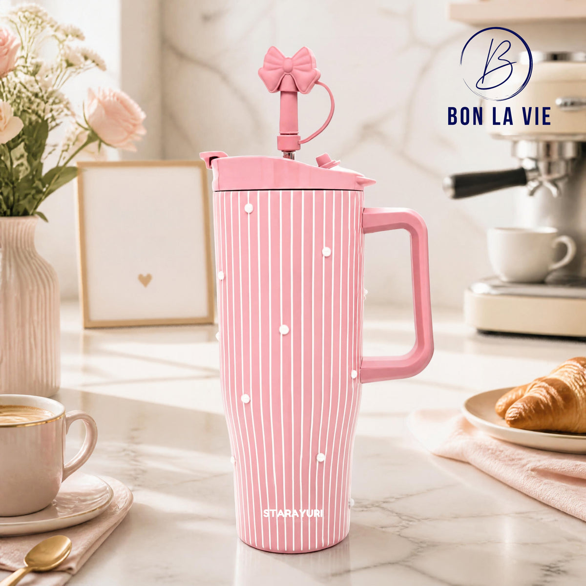 Sitarayuri Striped Insulated Tumbler with Bow Charm and Handle – 1200ml