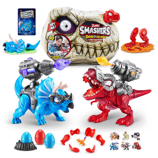 ZURU SMASHERS Dino Island T-Rex Battles (Red Version) By Zuru 50+ Surprises Boys Collectible Dinosaur T-Rex Triceratops Surprise Slime Sand Compounds Discovery