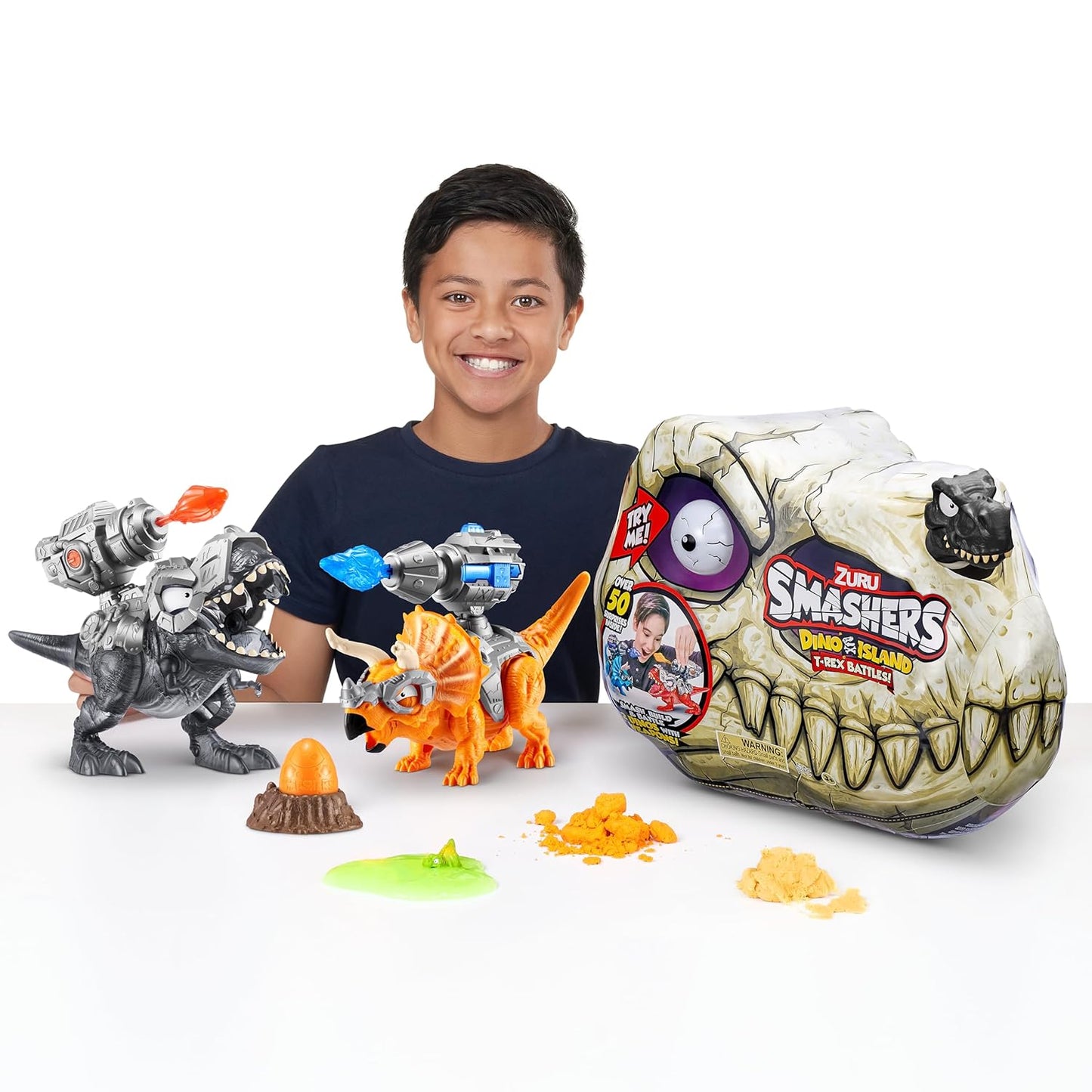 ZURU SMASHERS Dino Island T-Rex Battles (Red Version) By Zuru 50+ Surprises Boys Collectible Dinosaur T-Rex Triceratops Surprise Slime Sand Compounds Discovery