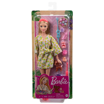 Barbie Doll, Kids Toys, Blonde Doll with Pet Puppy, Sets, Spa Day, Lemon Print Bathrobe, Headband and Eye Mask, Self-Care Series