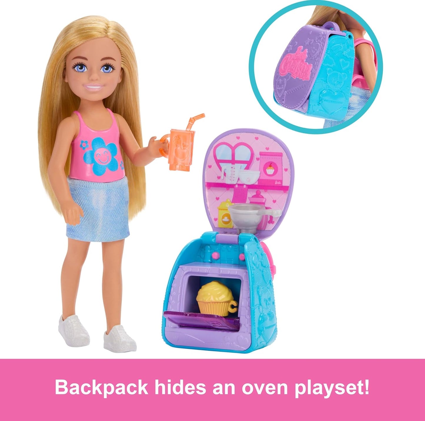 Barbie Family & Friends Cupcake Baking Backpack Blonde Chelsea Doll, Wearable Backpack with Baking Play Pieces