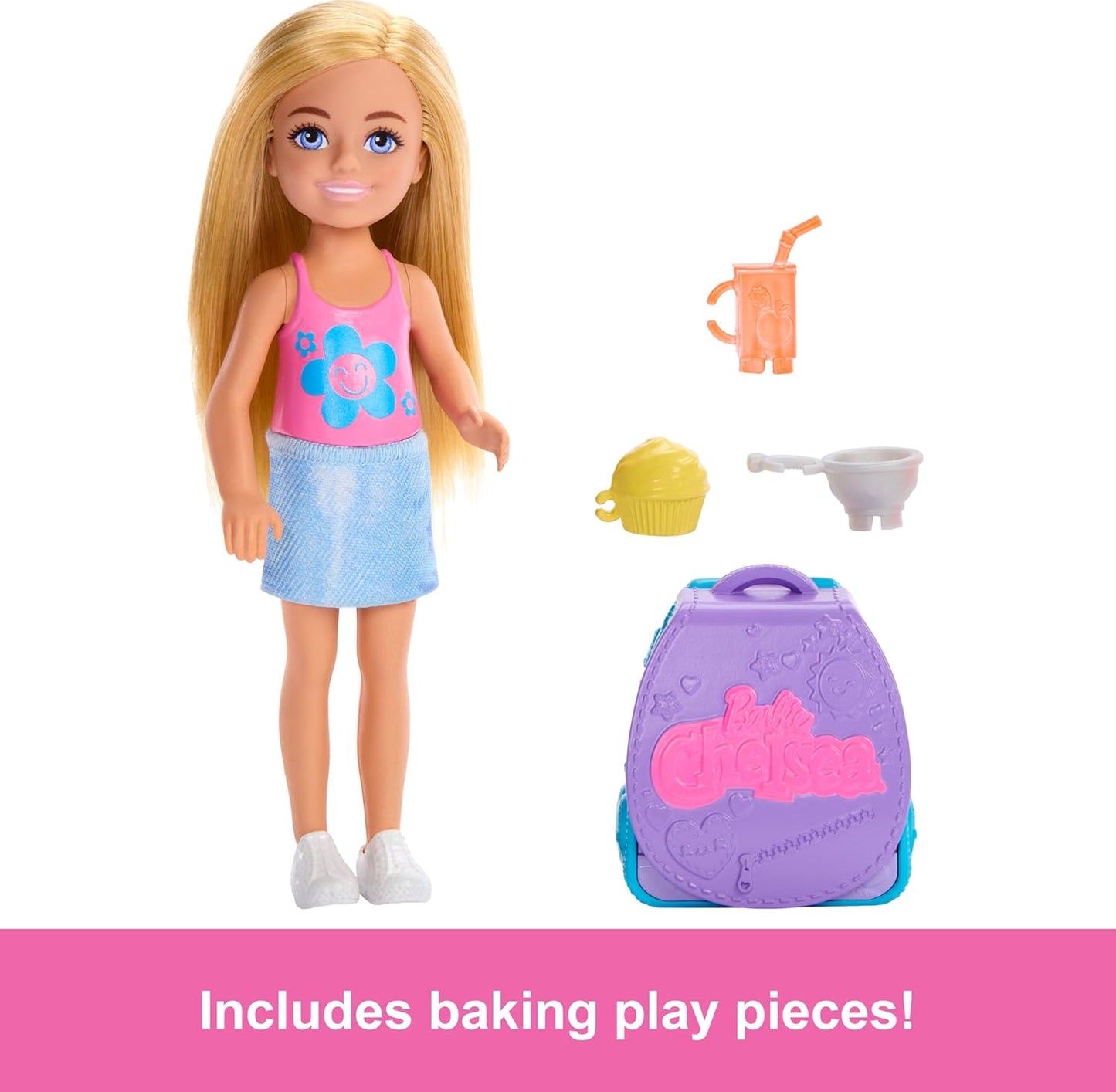 Barbie Family & Friends Cupcake Baking Backpack Blonde Chelsea Doll, Wearable Backpack with Baking Play Pieces