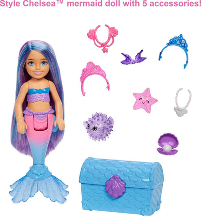 Barbie Mermaid Power™ Chelsea™ Mermaid Doll (Blue & Purple Hair) with 2 Pets, Treasure Chest & Accessories, Toy for 3 Year Olds & Up