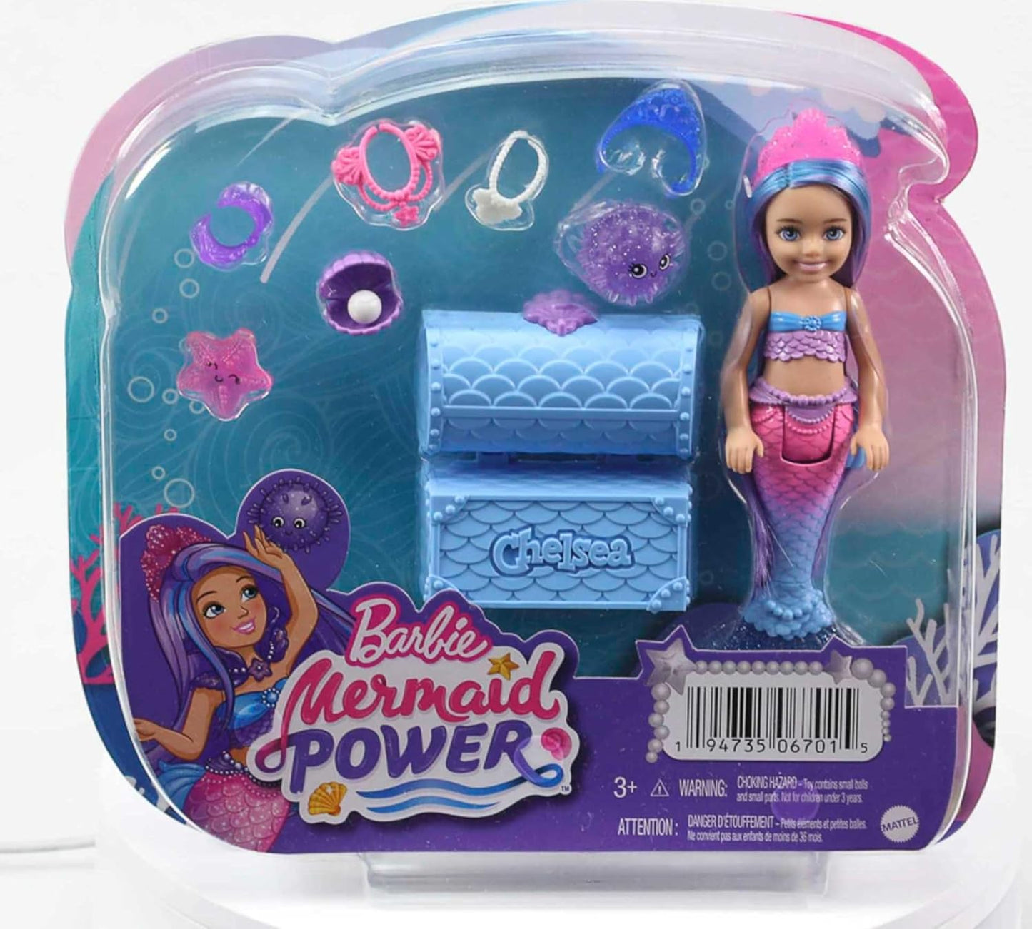 Barbie Mermaid Power™ Chelsea™ Mermaid Doll (Blue & Purple Hair) with 2 Pets, Treasure Chest & Accessories, Toy for 3 Year Olds & Up