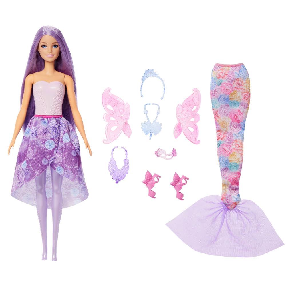 Barbie Doll with Clothes & Accessories, Fantasy Fashion Pack with 8 Accessories Including Mermaid Tail, Fairy Wings, Royal Necklaces, Shoes & More for 10+ Looks