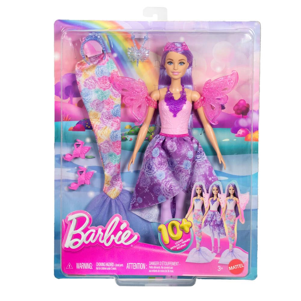 Barbie Doll with Clothes & Accessories, Fantasy Fashion Pack with 8 Accessories Including Mermaid Tail, Fairy Wings, Royal Necklaces, Shoes & More for 10+ Looks