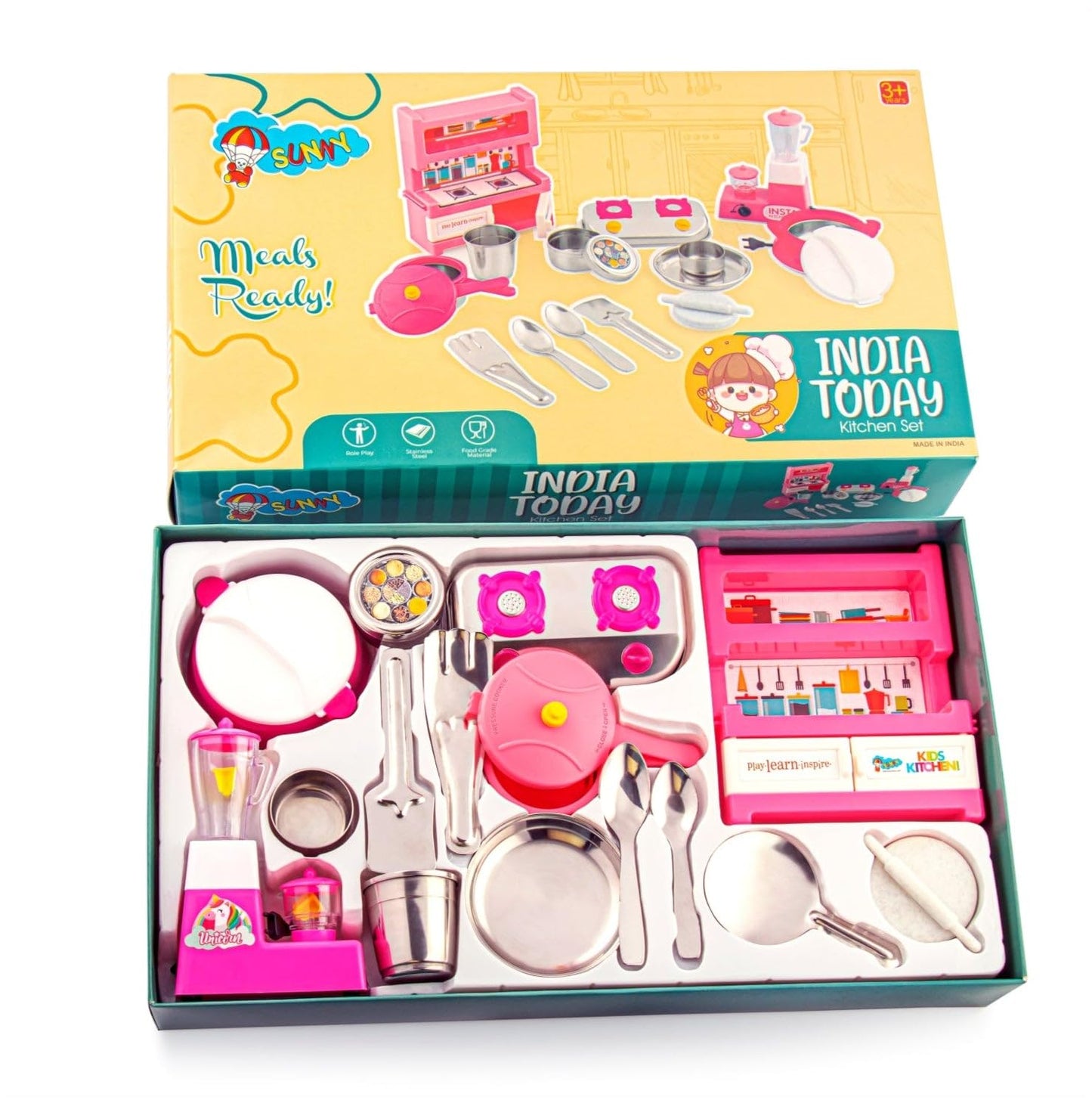 Sunny India Today Kitchen Set for Kids 3Y+ | Pretend Play Cooking Set with Popular Stainless Steel Utensils|Pink