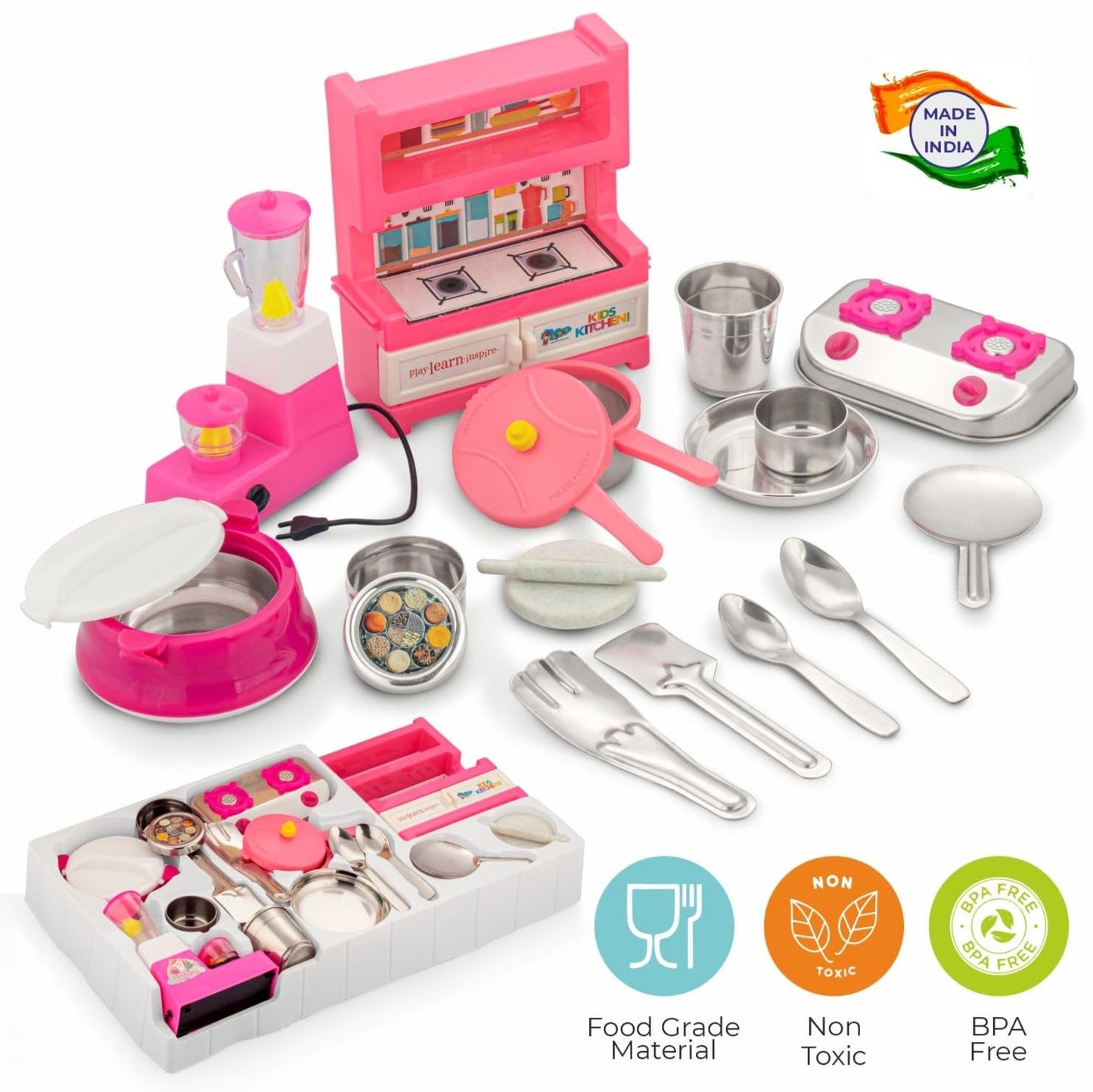 Sunny India Today Kitchen Set for Kids 3Y+ | Pretend Play Cooking Set with Popular Stainless Steel Utensils|Pink