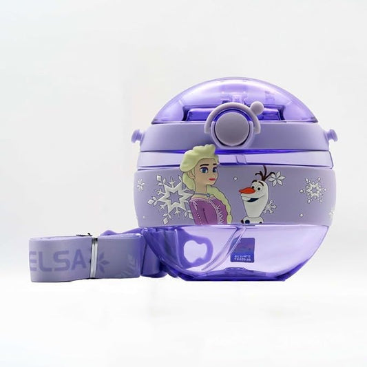 Round Leakproof Kid’s Cartoon Water Bottle with Ribbon Strap and Silicone Straw Lid | 420 ML | WB59