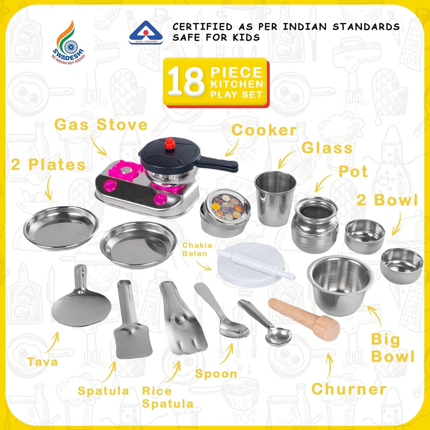 Sunny 18 Pieces Kitchen Kit Jumbo Set Stainless Steel Utensils | A Perfect Role Play Kitchen Set Toys for Girls Kids | Certified as per Indian Standards is 9873, Safe & Durable for Kids