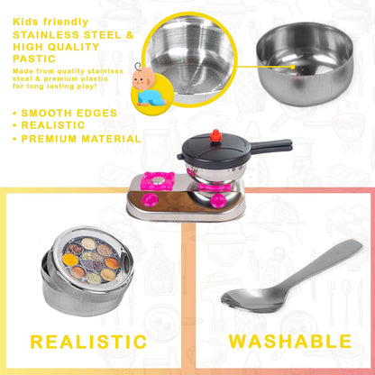 Sunny 18 Pieces Kitchen Kit Jumbo Set Stainless Steel Utensils | A Perfect Role Play Kitchen Set Toys for Girls Kids | Certified as per Indian Standards is 9873, Safe & Durable for Kids