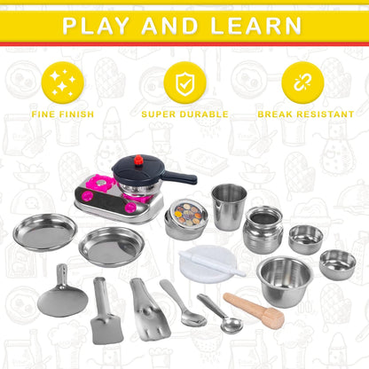 Sunny 18 Pieces Kitchen Kit Jumbo Set Stainless Steel Utensils | A Perfect Role Play Kitchen Set Toys for Girls Kids | Certified as per Indian Standards is 9873, Safe & Durable for Kids