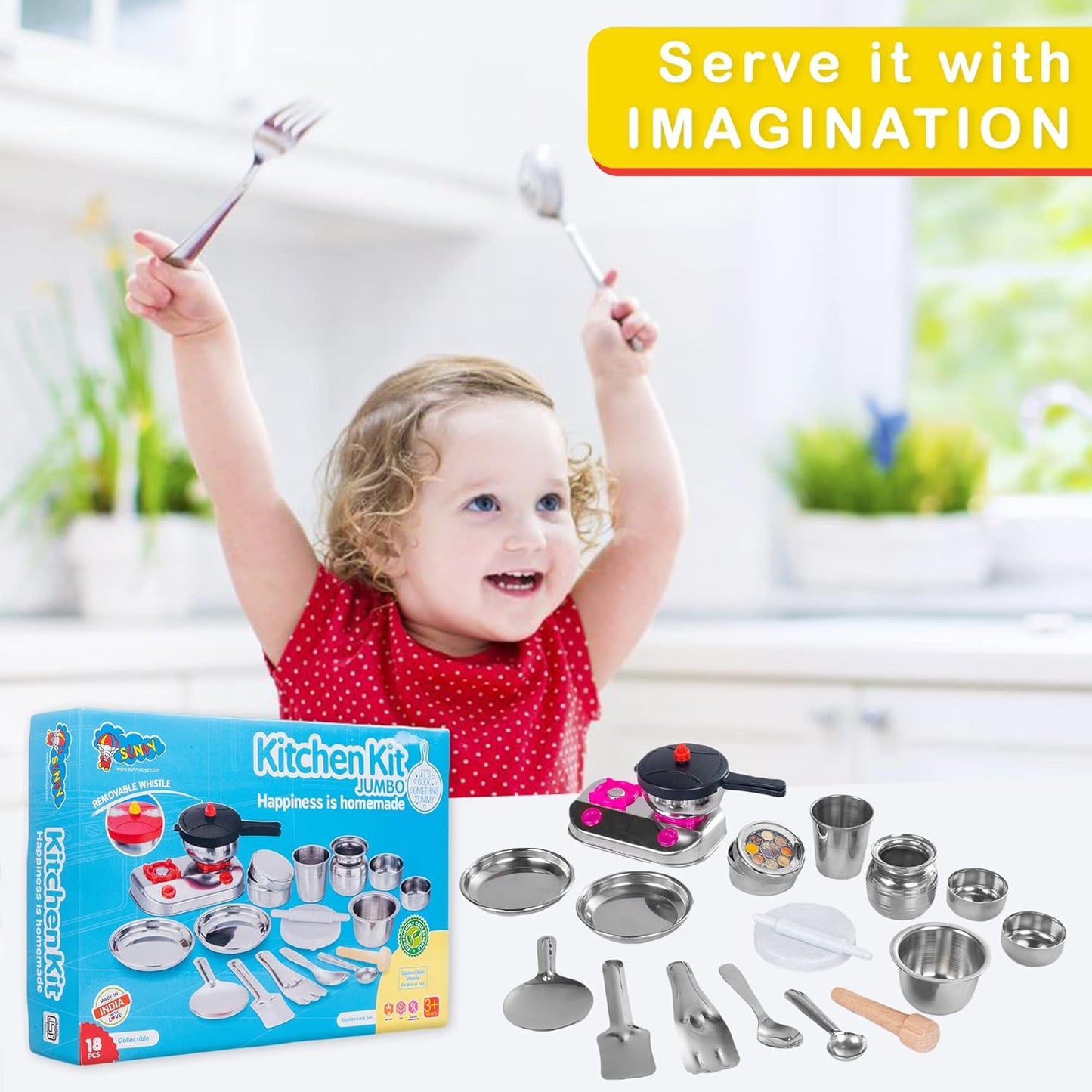 Sunny 18 Pieces Kitchen Kit Jumbo Set Stainless Steel Utensils | A Perfect Role Play Kitchen Set Toys for Girls Kids | Certified as per Indian Standards is 9873, Safe & Durable for Kids