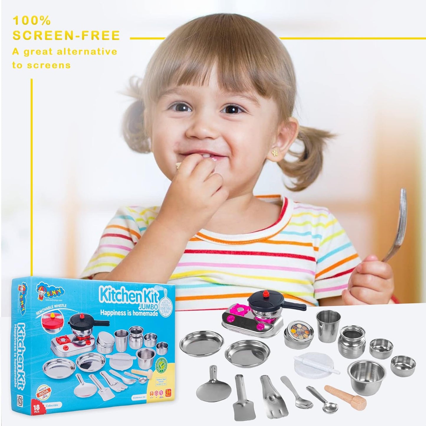 Sunny 18 Pieces Kitchen Kit Jumbo Set Stainless Steel Utensils | A Perfect Role Play Kitchen Set Toys for Girls Kids | Certified as per Indian Standards is 9873, Safe & Durable for Kids