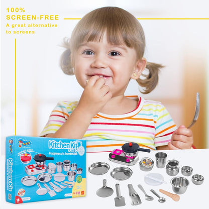 Sunny 18 Pieces Kitchen Kit Jumbo Set Stainless Steel Utensils | A Perfect Role Play Kitchen Set Toys for Girls Kids | Certified as per Indian Standards is 9873, Safe & Durable for Kids