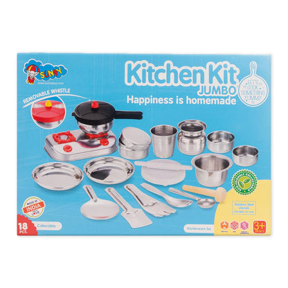 Sunny 18 Pieces Kitchen Kit Jumbo Set Stainless Steel Utensils | A Perfect Role Play Kitchen Set Toys for Girls Kids | Certified as per Indian Standards is 9873, Safe & Durable for Kids